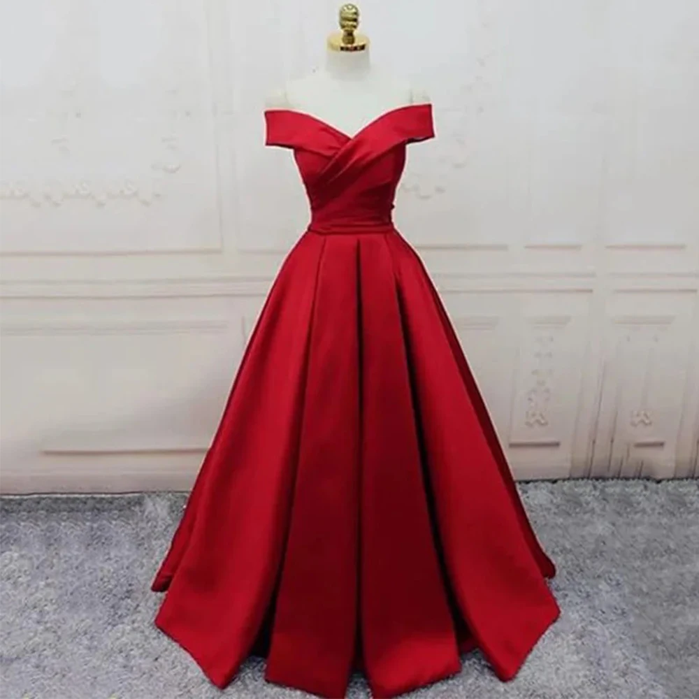 Classic V-Neck Off the Shoulder Evening Dress Women Princess with Pleat and Belt A-Line Floor Length Wedding Party Lace Up Gowns