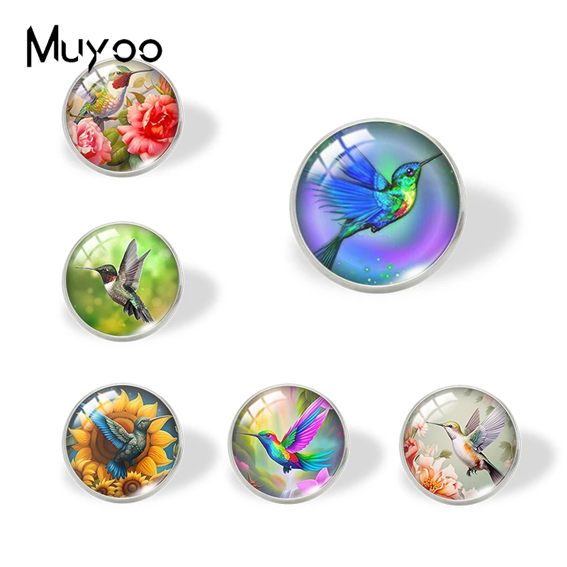 2024 New Arrival Fashion Colorful Blue Hummingbird Bird with Flowers Glass Dome Round Collar Pin Handcraft Jewelry Lapel Pins