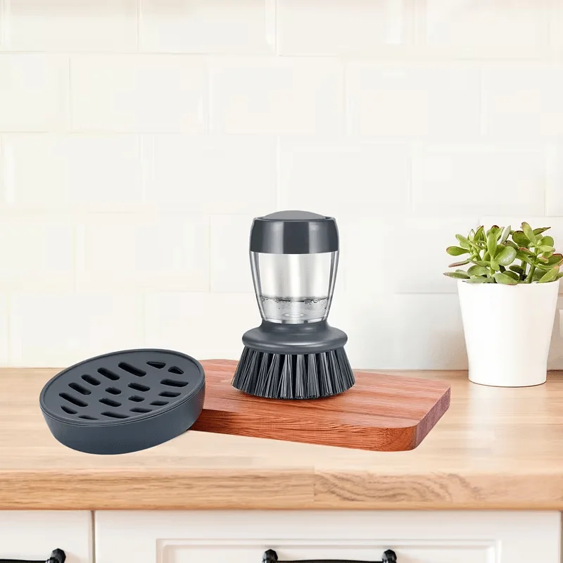 Dishwashing Brush With Soap Dispenser, Kitchen Scrub Brush Suitable For Dishes, Pans, Sinks, Cleaning With Holder Set