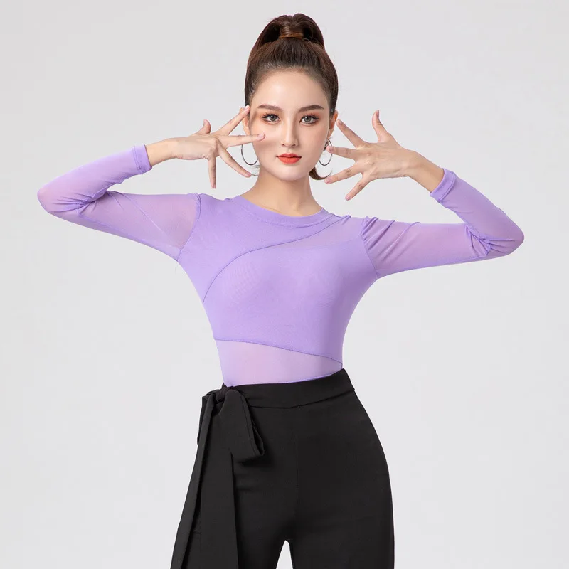 High end physical training suit, mesh national standard modern Latin dance top, women's long sleeved dance training suit, dance