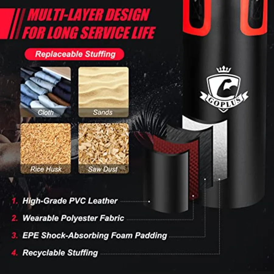 Home gym punching bag set for MMA Muay Thai Karate Taekwondo: 56 lbs heavy hanging bag with 12 oz gloves hand wraps black PVC l