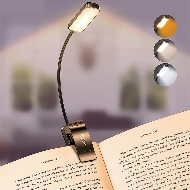 LED Rechargeable Book Light - Eye Caring 3 Color Temperatures,Stepless Dimming Brightness