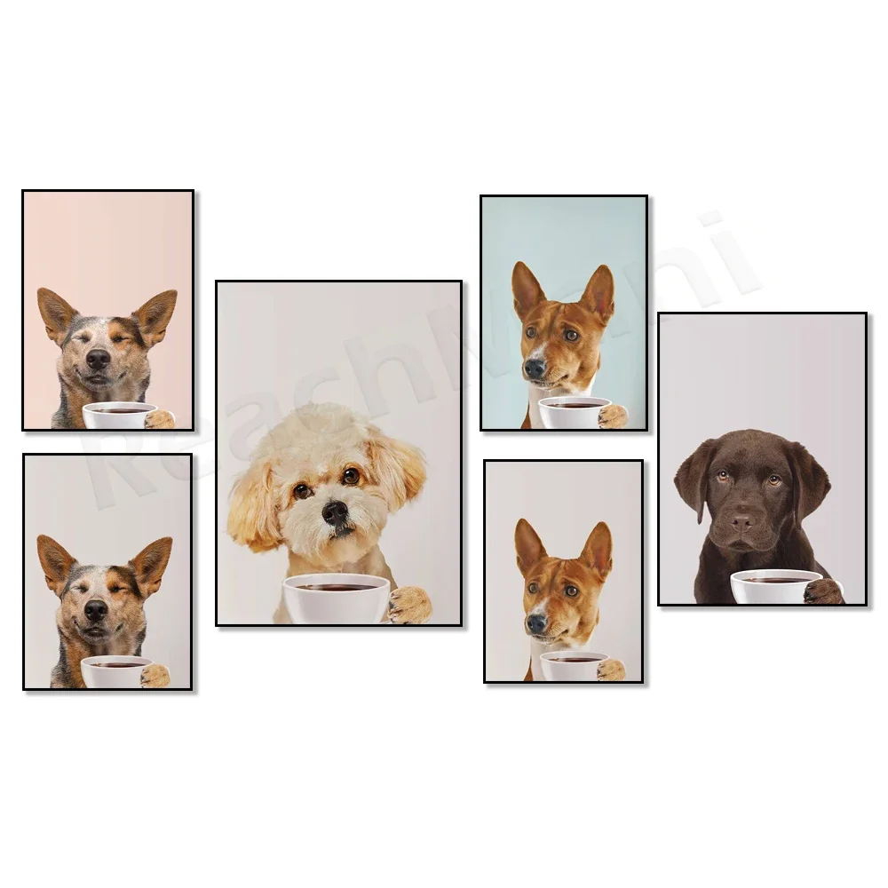 

pet portrait, pet photo, pet drinking coffee, dog picture drinking coffee poster painting gallery wall painting art