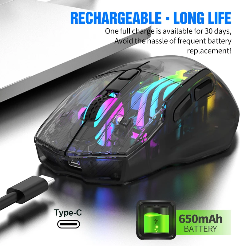 

3 режима, Bluetooth, 2,4G, беспроводная прозрачная мышь, игровая мышь с RGB-подсветкой, 1200-3600 точек на дюйм, перезаряжаемая бесшумная мышь для ноутбука, ПК