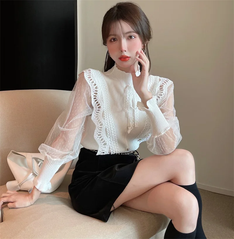 Sexy Long Sleeve Stand Black Chiffon Shirts Short Slim Vintage Blusas Mujer Patchwork Blouse White Mesh Dot Polka Knitted Top