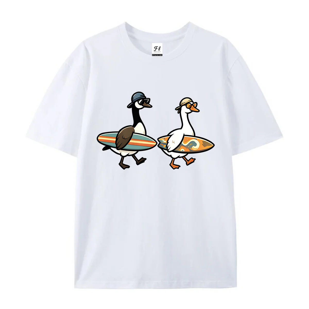 Unisex Cute Surfing Goose Couple Graphic Tshirt Summer O Neck Short Sleeve Casual Beach Cartoon Animal Print Soft Cotton Tee