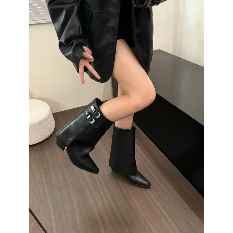 2024 Best-selling High Quality New Fashion Pointy Pants Mid-leg Design for Women with Thick Heel Boots  Platform Shoes