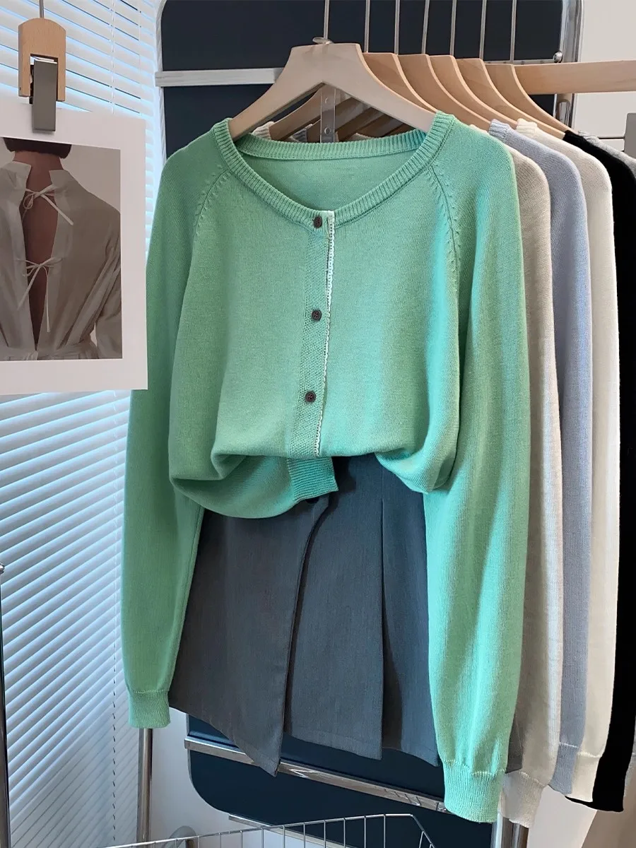 2025 couleur unie tricots hauts automne hiver à manches longues femmes Cardigans amples dentelle col rond tricoté pull femmes vêtements