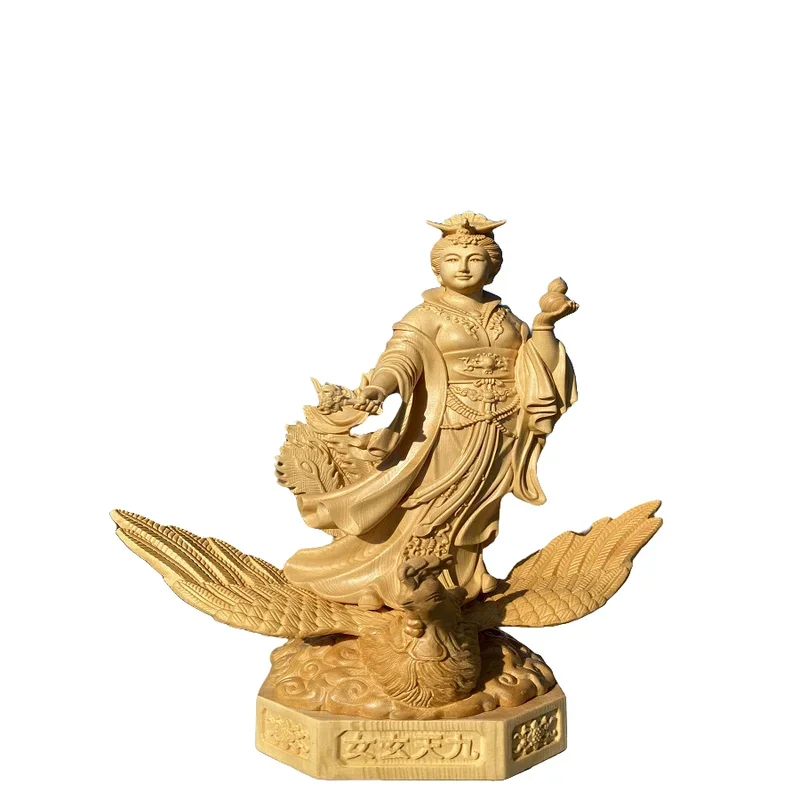 Hand Carved Juniper Wood Jiu Tian Xuan Nu Statue - Nine Heavens Goddess Phoenix Riding Figurine Ornament for Home Temple Altar
