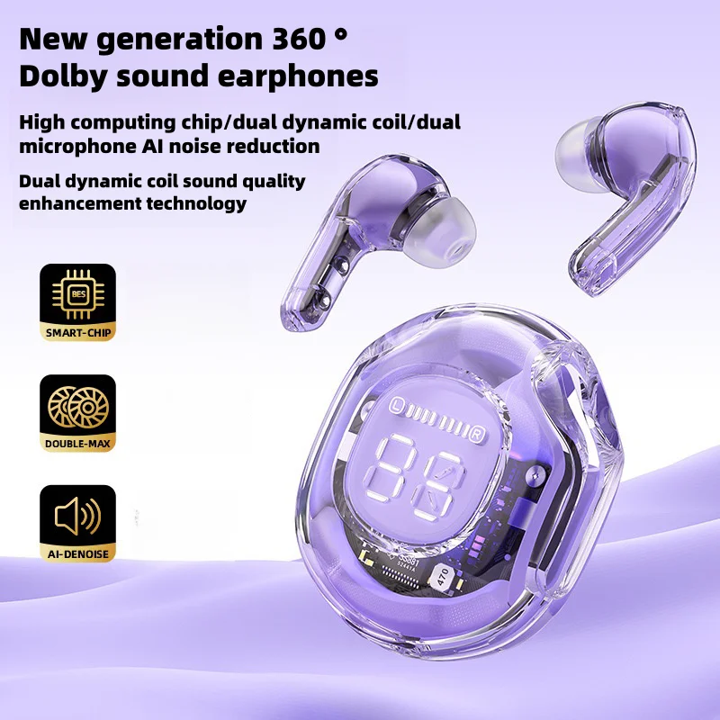 New Crystal TWS Earbuds ENC Audifonos Wireless Earbuds Led Digital Display Transparent Case TWS Earphone