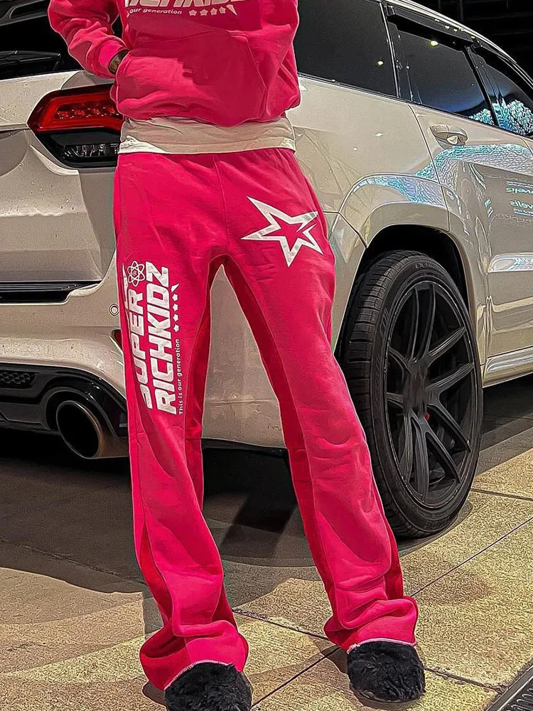 Calças casuais masculinas de perna reta, calças soltas com estampa de letras americanas retrô streetwear