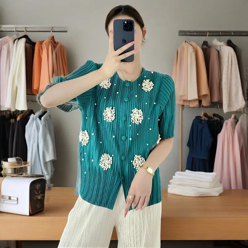 

Плиссированная рубашка Miyake 025, летняя плиссированная футболка Miyake с вышивкой бисером, простой кардиган с короткими рукавами и круглым вырезом, топы