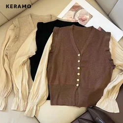 Camicie Patchwork con scollo a v a maniche lunghe Casual Vintage invernali 2023 per le donne camicetta a maglia stile elegante da donna classica da ufficio