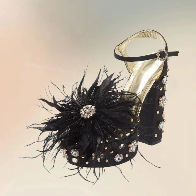 Sandales à Plateforme avec Plumes Noires et Cristaux pour Femme, Chaussures Épaisses à Talons Hauts, Nouvelle Collection 2024