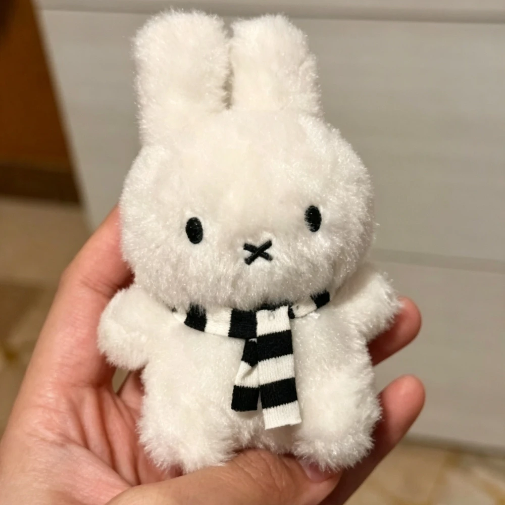 Kawaii Miffy Keychain Cartoon Rabbit Pendant Black White Striped Scarf Mini Plush Doll Bag Car Ornament Christmas Birthday Gift