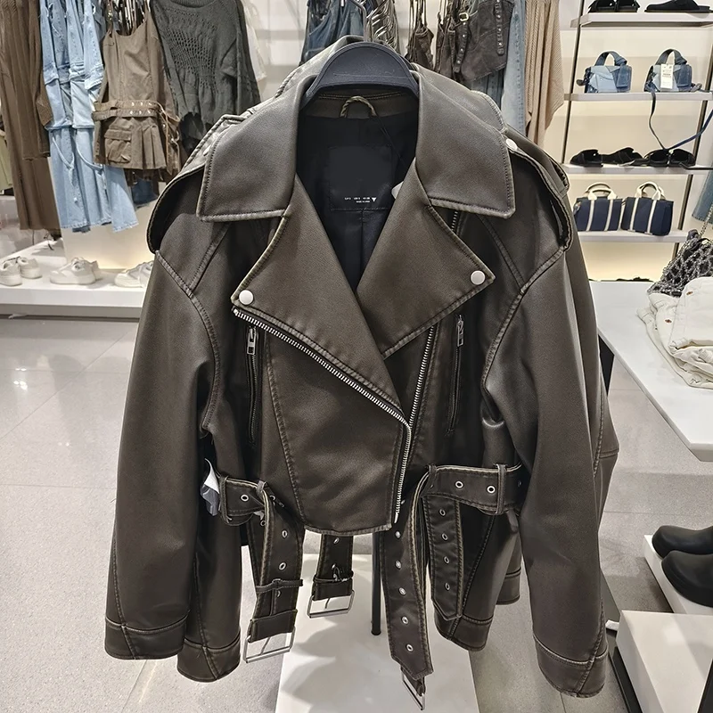 Herbst Damen Einfache Dry Motorrad Jaet PU Leder Mantel Reißverschluss Design Gürtel Pendeln Sle Lange Sve ort Länge