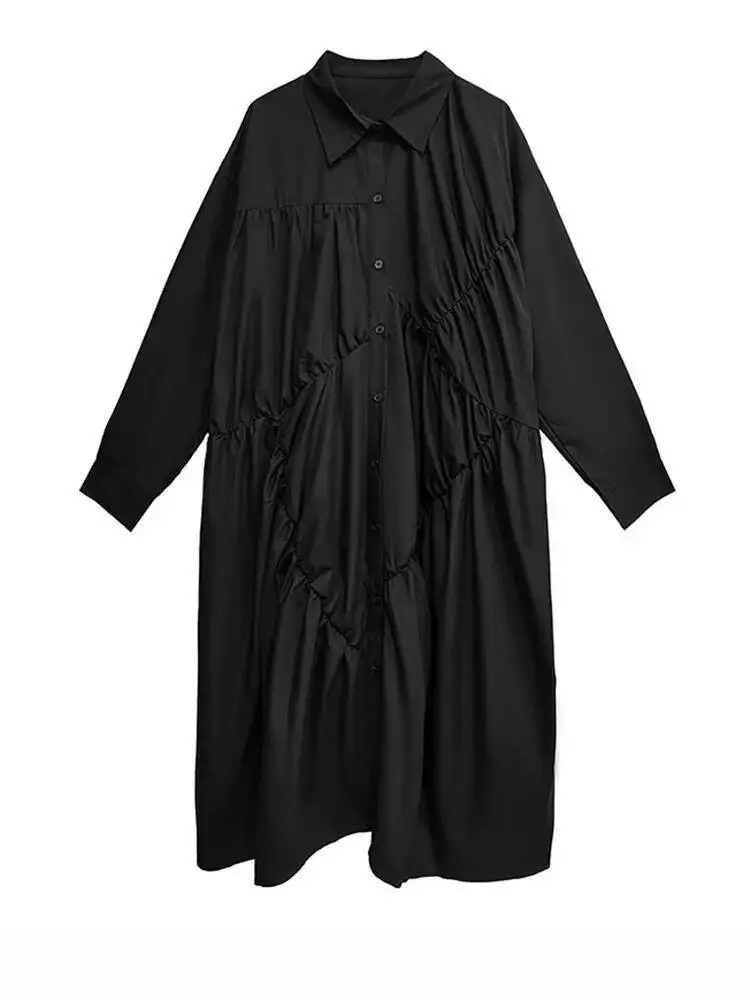 女性用黒プリーツイレギュラービッグサイズミディシャツワンピース新作ラペル長袖ファッション潮春秋