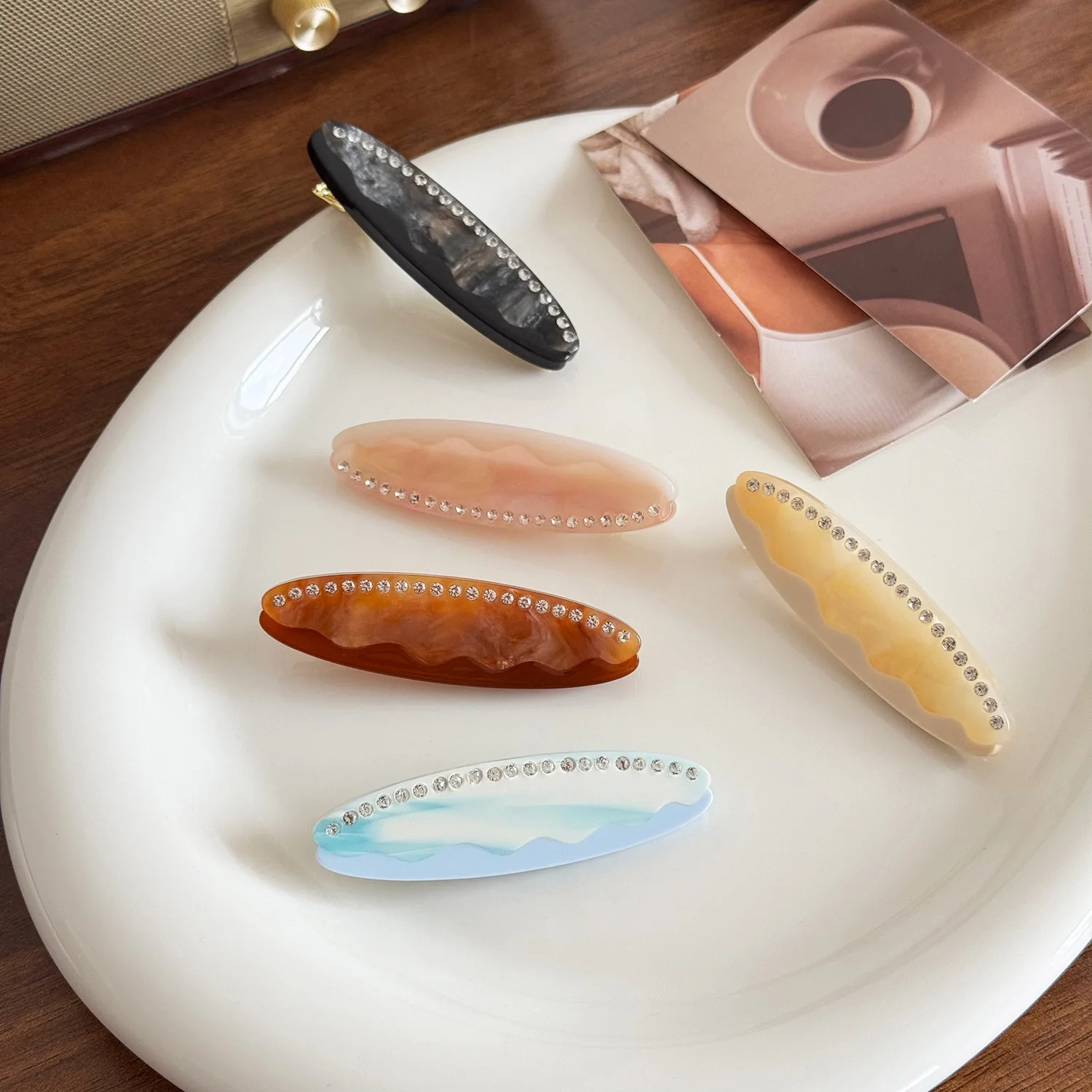 Light Luxury New Design 6.5cm Oval Rhinestones Hair Clip For Sweet Girls Cute Acetic Acid Duckbill Clip Edge Clip Hair Accessory