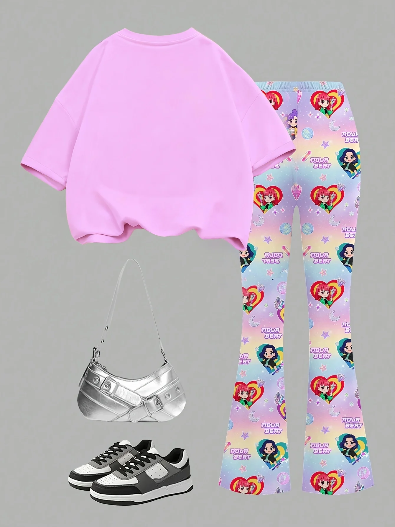 Girls' Summer Casual Outfit: Pink and Purple Anime Print Top + Full Print Flared Pants Two-Piece Set, Stylish and Versatile, Suitable for Children Aged 4-12, for Home and Outings in Various Occasions