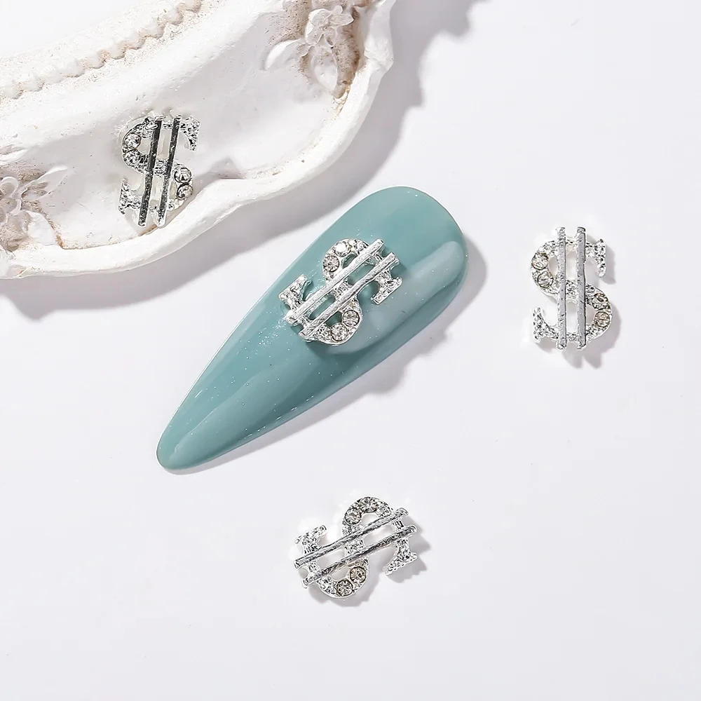 10Pcs Gold Silver US Dollar Symbol Sign Nail Figures Decoration Rhinestones Manicure Hip Hop Jewelry DIY Nail Jewelry Bulk Sales