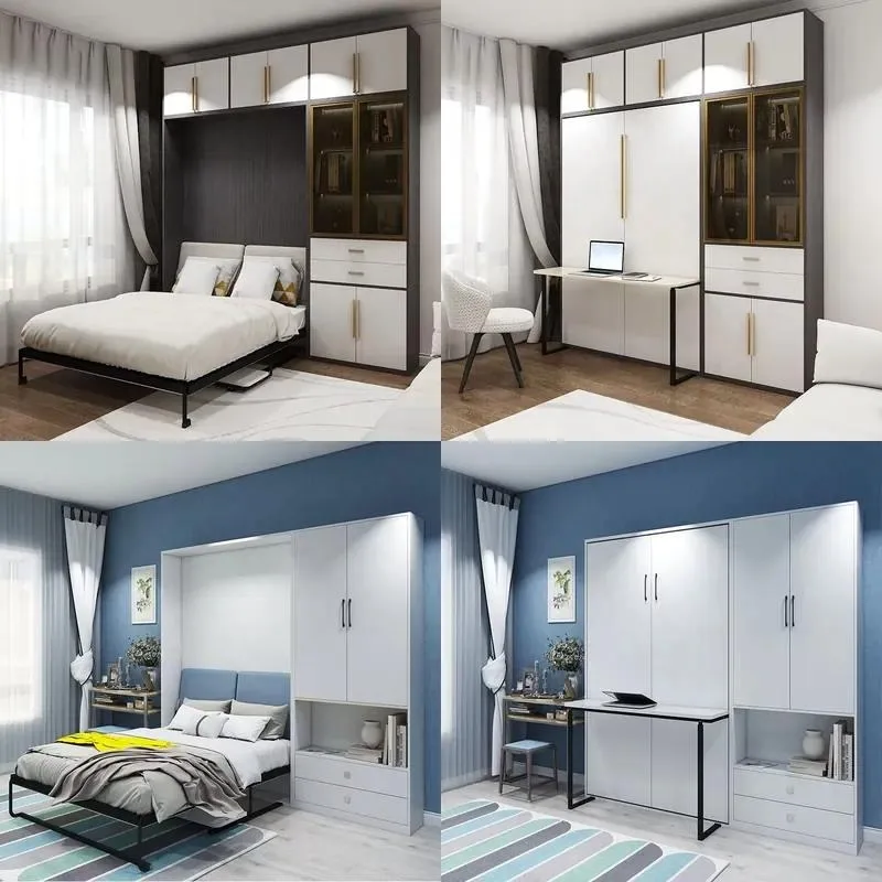 Space-saving solution Plywood material Double flip wall bed with shelves and cabinets