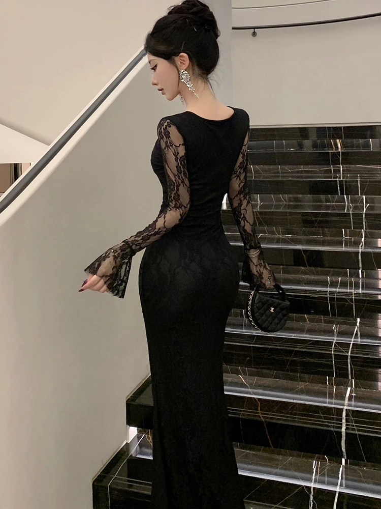 Herfst Winter Zwart Mesh Patchwork Kant Lange Mouw Jurk Vrouwen Chic Vierkante Kraag Sexy Verstoorde Lange Jurk 2024 Koreaanse Vestidos