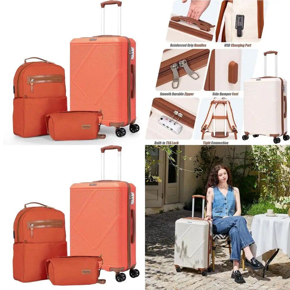 

20 Lightweight 3-Piece Spinner Luggage Set with TSA Lock, ABS Hardshell Suitcases in Tangerine