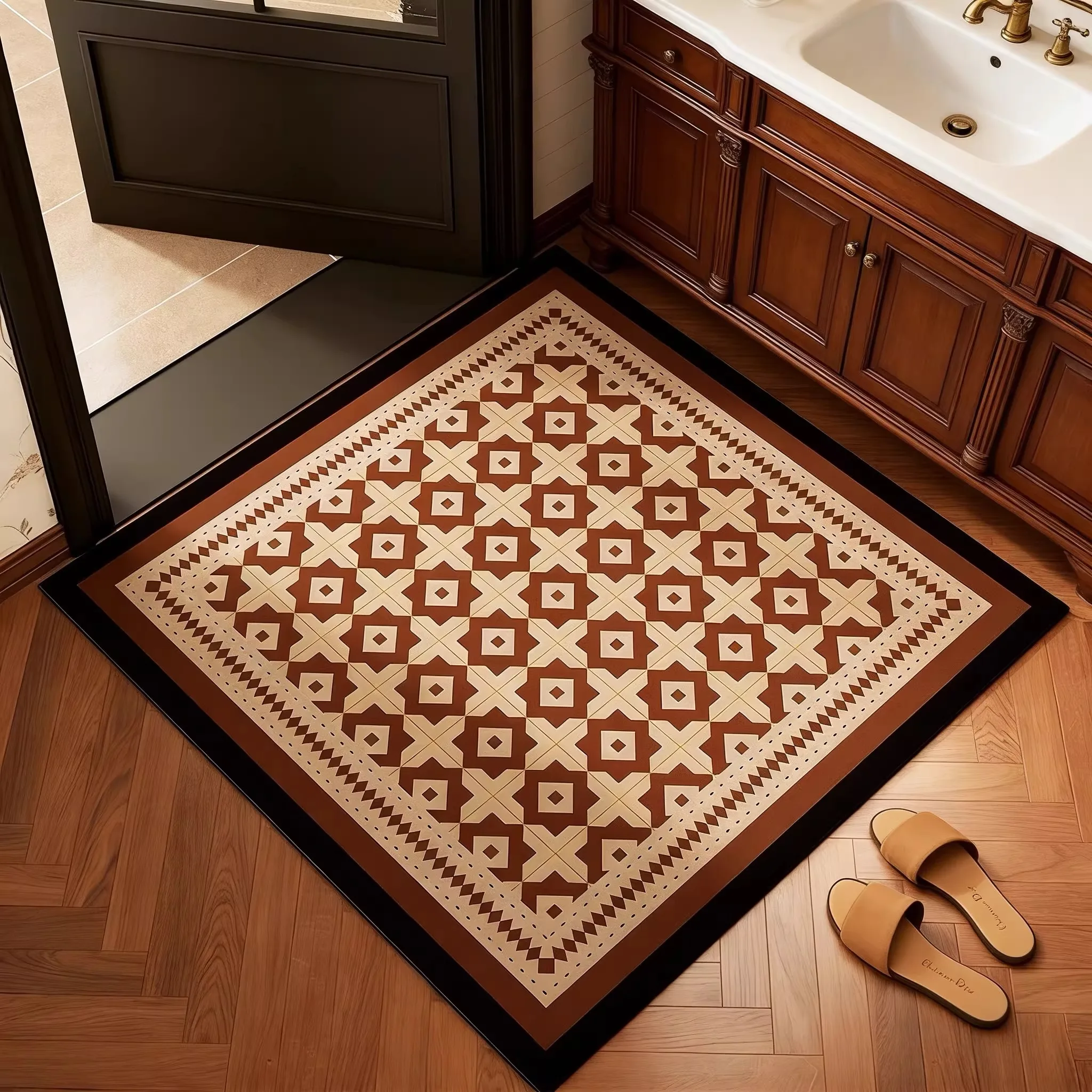 Doorway Floor Mat Non-slip Stain-resistant Durable Rug Vintage Geometric Pattern Square Carpet Household Decorative Foot Mats