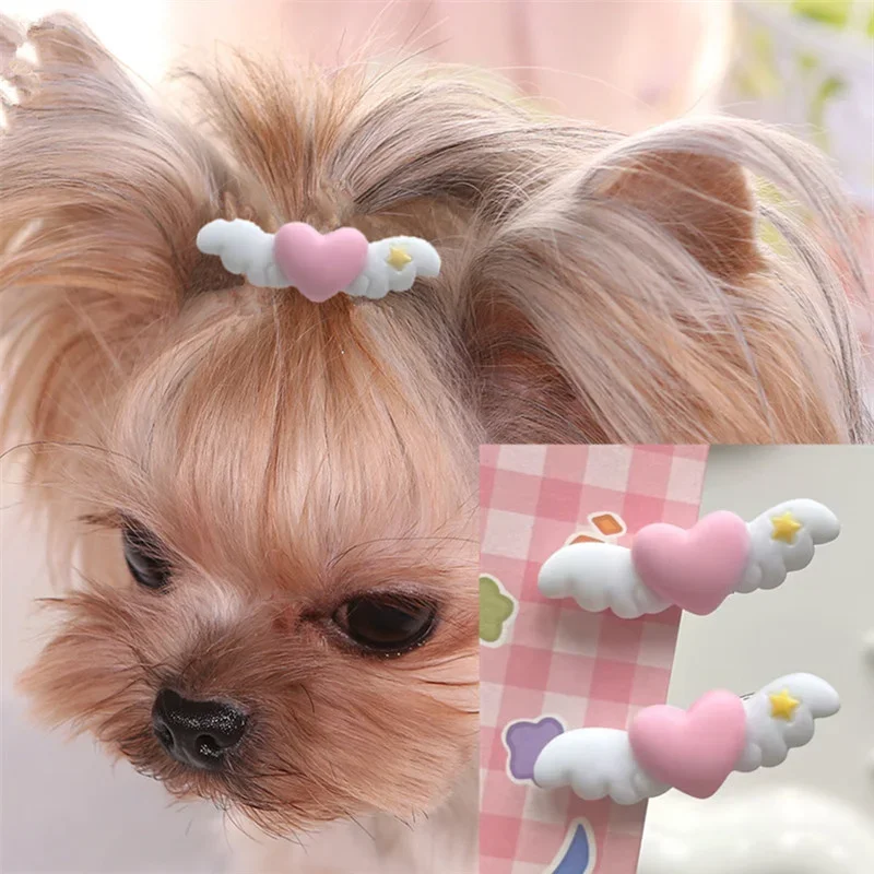 

Cute Pet Heart Wings Hairpins Pet Dog Hair Clips Puppy Cat Yorkie Teddy Pet Decor Barrette Hair Accessories for Small Dogs