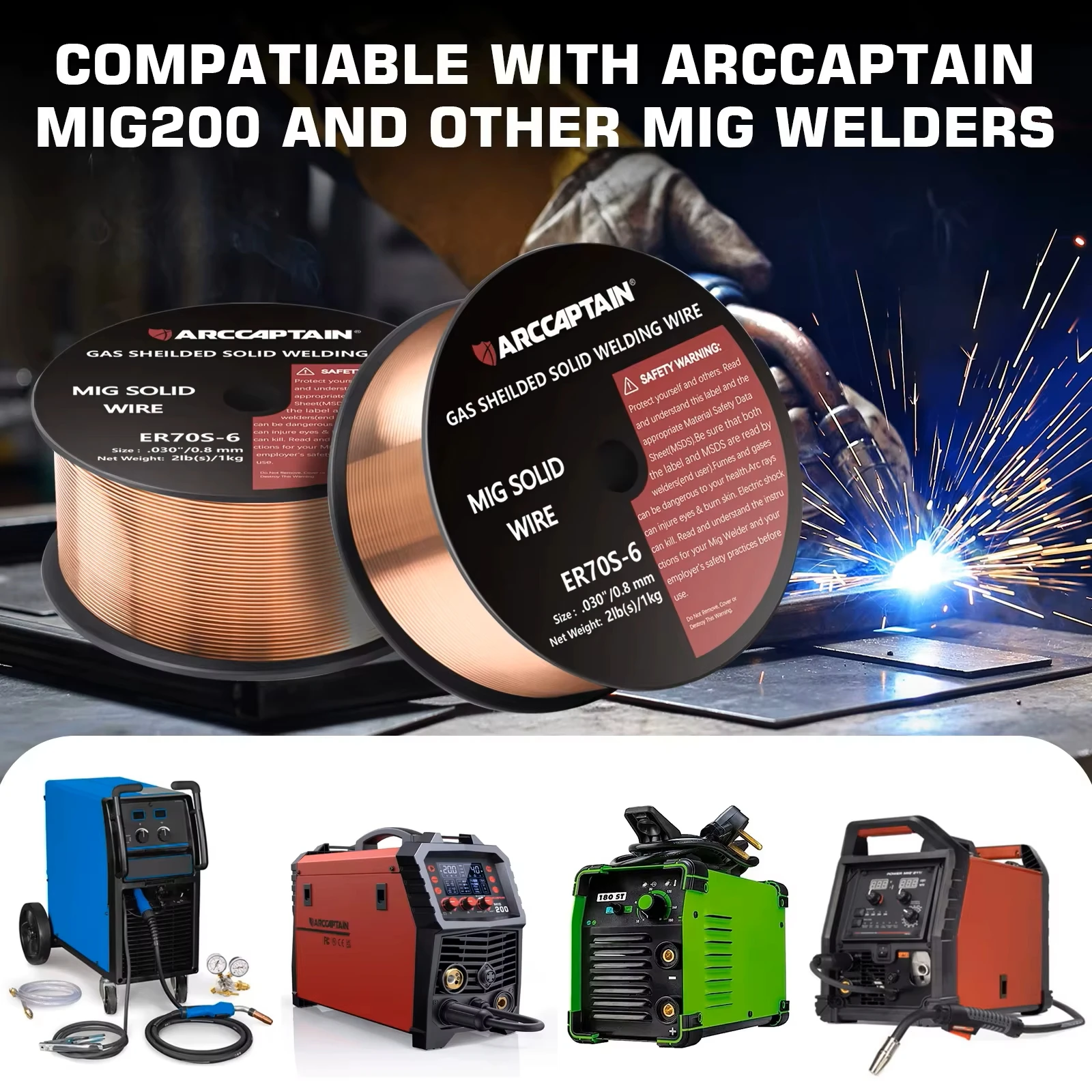 ARCCAPTAIN Mig Welding Wire ER70S-6 2Lbs Gas Solid Carbon Steel Low Splatter Mig Welding Wire Compatible With Other Mig Welder