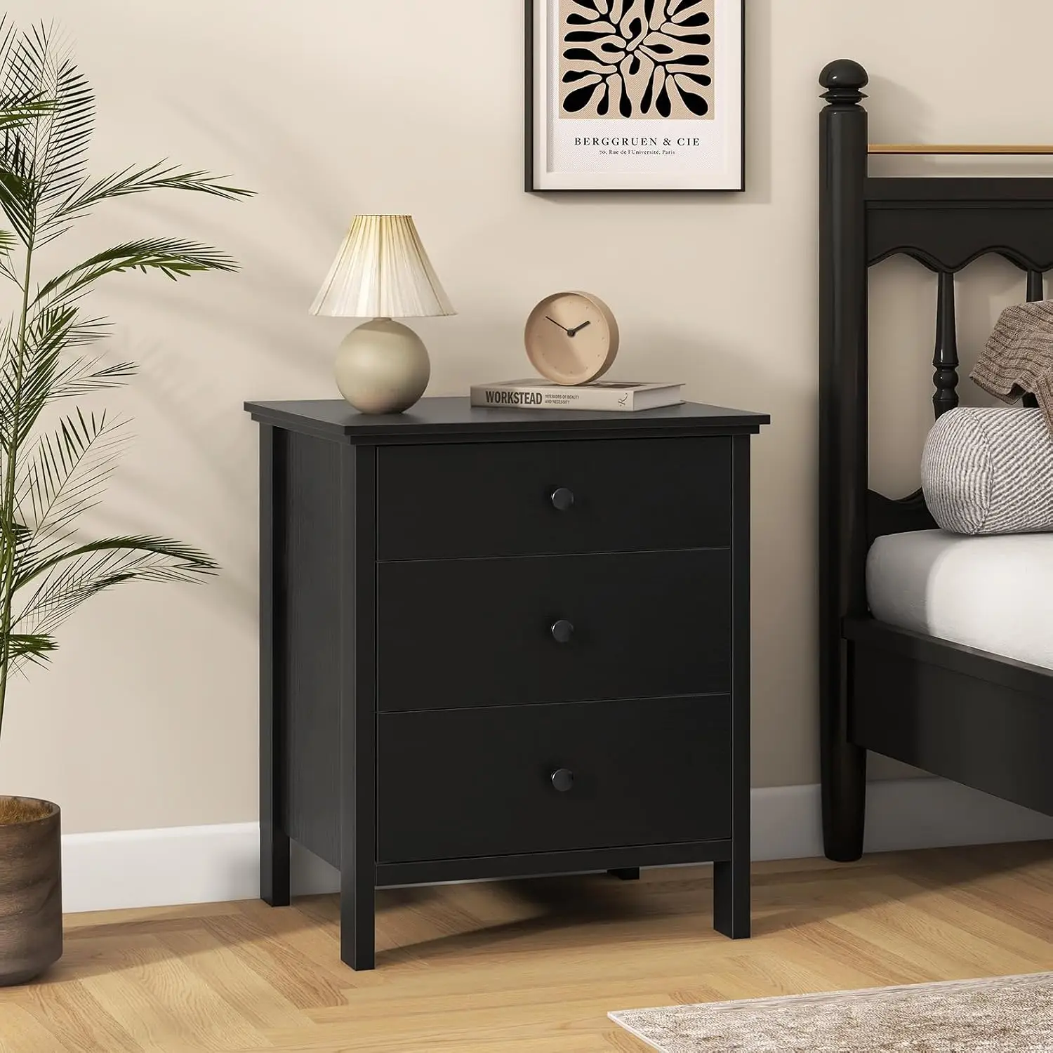 Modern Nightstand Set Of 2 With 3 Drawers, Wooden Sofa Side End Table With Storage Cabinet For Bedroom, Black, Customized