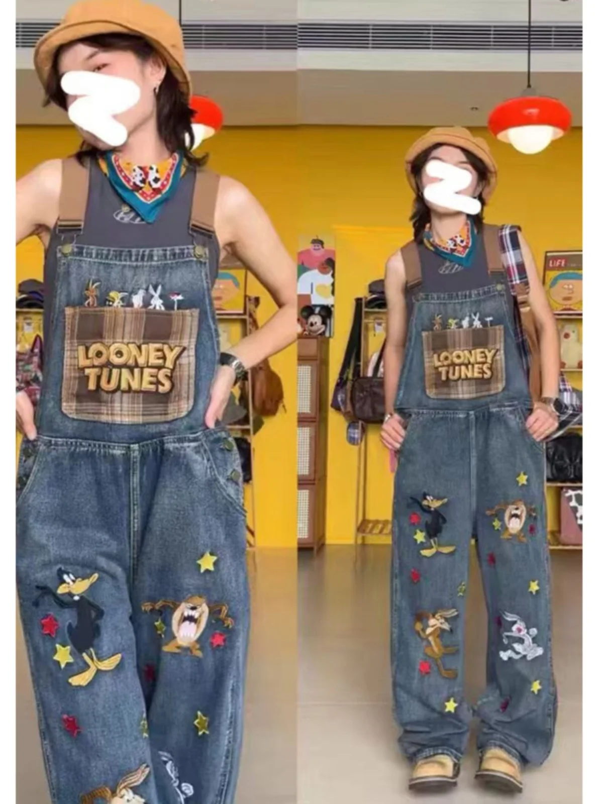 

American Sle Cheered Wide Leg Denim Overalls Women's Vintage Waed Cartoon Print Casual High Waist Trousers
