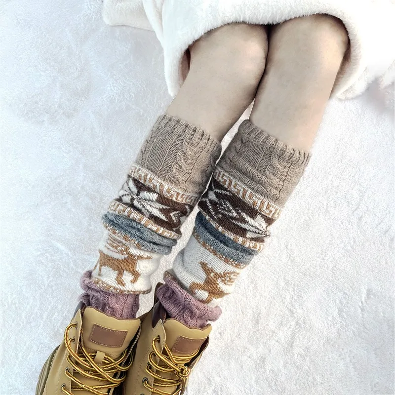 

Autumn and Winter Twist Snowflake Deer, Christmas Socks, Knitted Knee Pads, Wool Stacking Socks, Leg Warmers Thigh High Socks