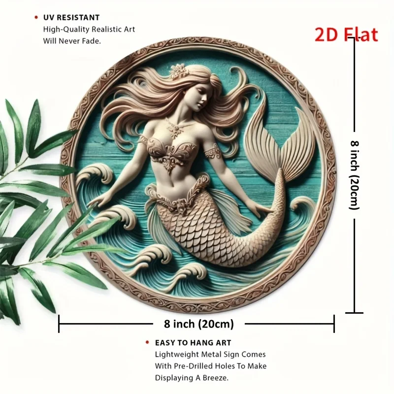 2D Printed Art Featuring a Mermaid Theme, Perfect As a Gift for Pet Lovers. This Metal Wall Decoration Is a Single Piece, Measur