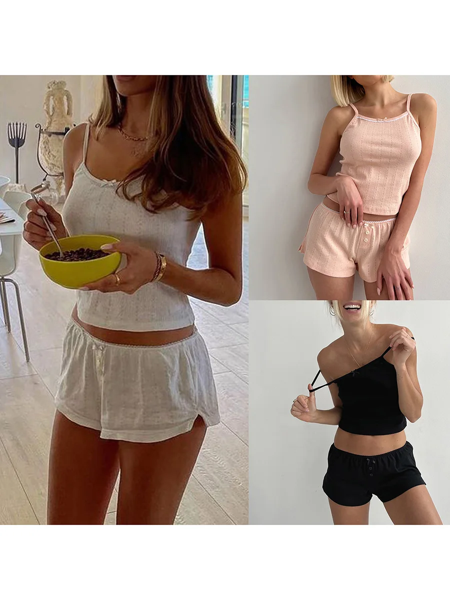 Top e shorts de cami sem mangas sem costas feminino, conjuntos de pijama combinando, pijamas casuais, laço sexy de renda, fofo, verão, Y2K