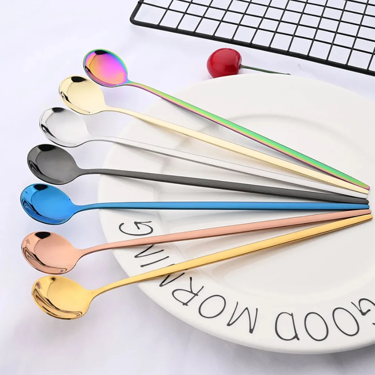 6pcs Ice Cream Cpoons Dinnerware Set Stainless Steel Metal Spoons Long Handle Stirring Spoon Juice Shakes Bars Kitchen Tools