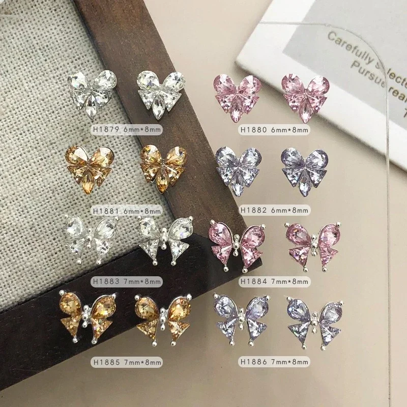 Clear Pink Champagne Purple 3D Butterfly Nail Charms 4Pcs Zircon Spliced Heart Rhinestones For DIY Press On Nails Nail Art