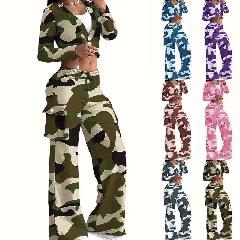 

Camo Print Cargo Pants Sets Sexy Crop Tops & Elastic High Waist Wide Leg Trousers Women's Two Pieces Set Casual SweatOutfits