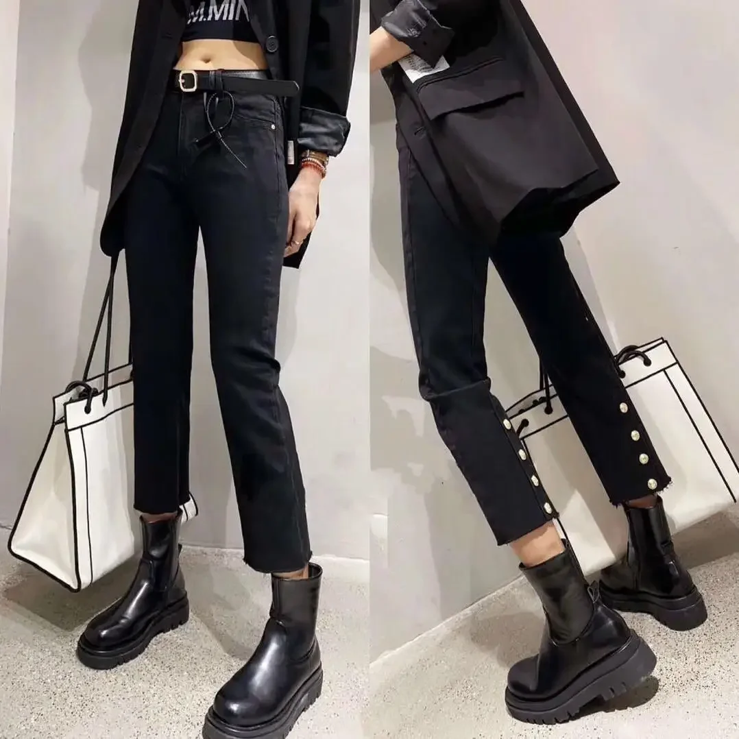 

Woman Jeans Pants Black High Waist Straight Autumn Winter Eight Trousers Pantalones Vaqueros Mujer