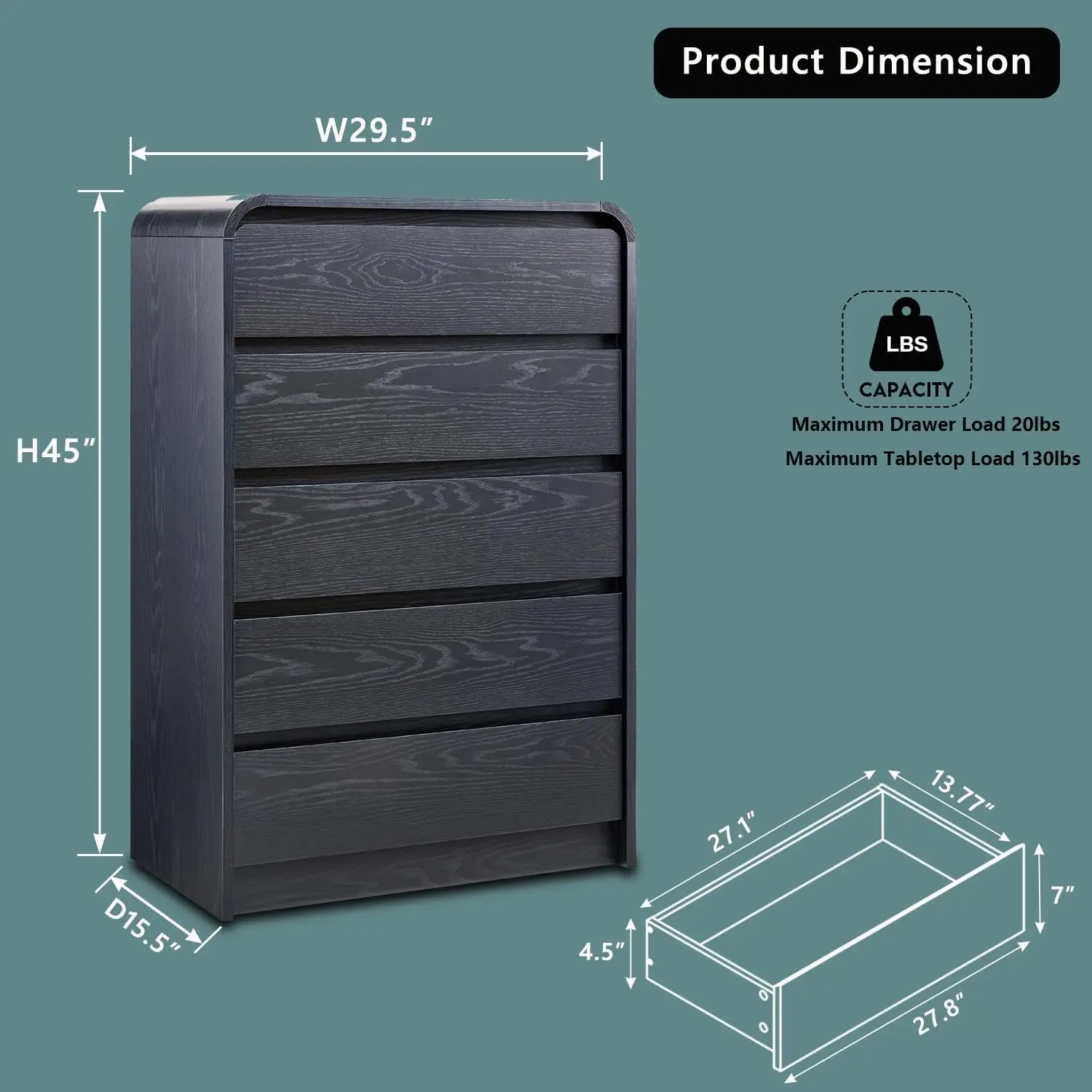 Modern 5 Drawers Dresser, 45