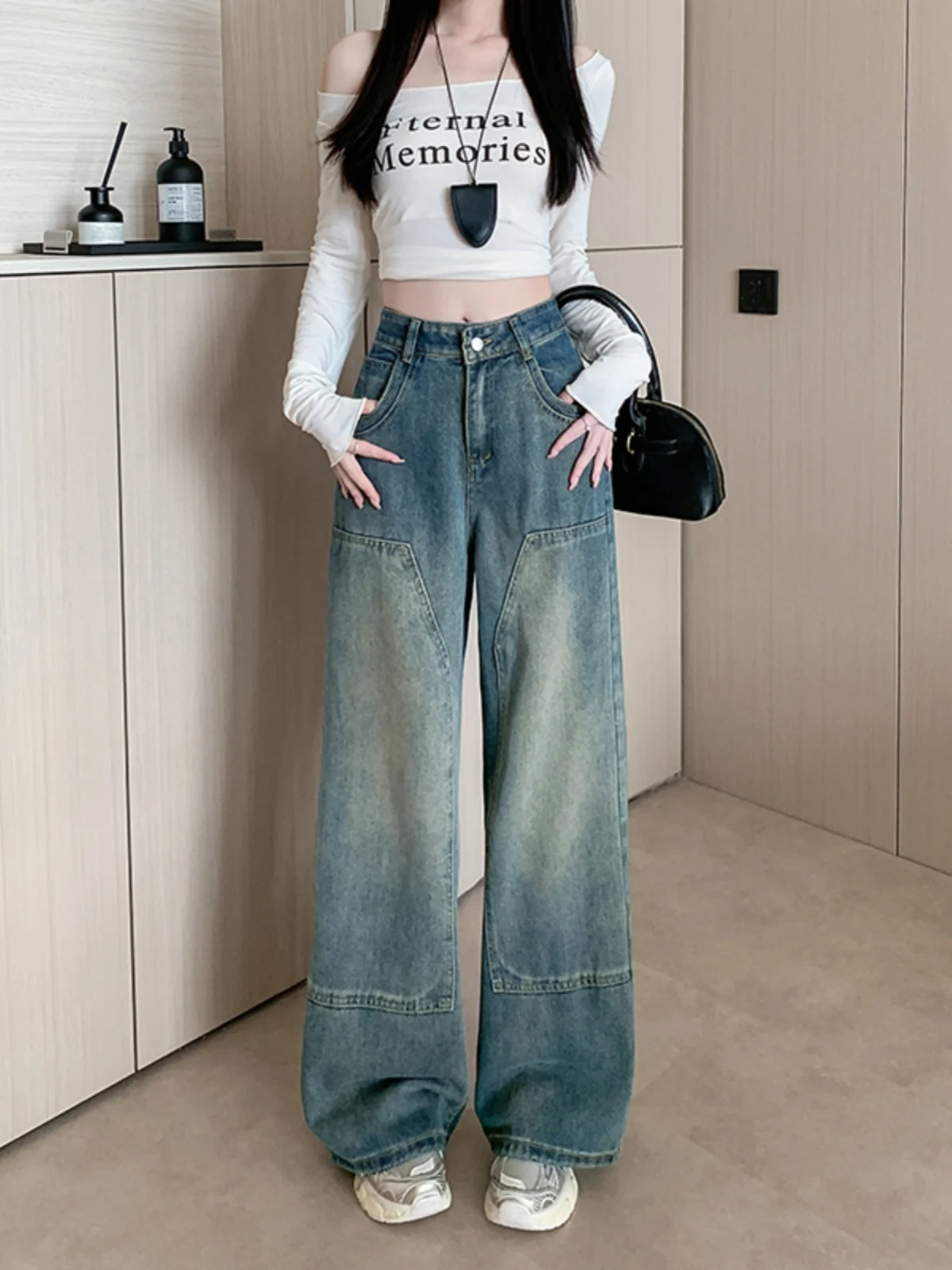 

American Sle Vintage High Waist Wide Leg Jeans Women Loose Drapey Slimming Long Straight Floor Length Pants Casual Jeans