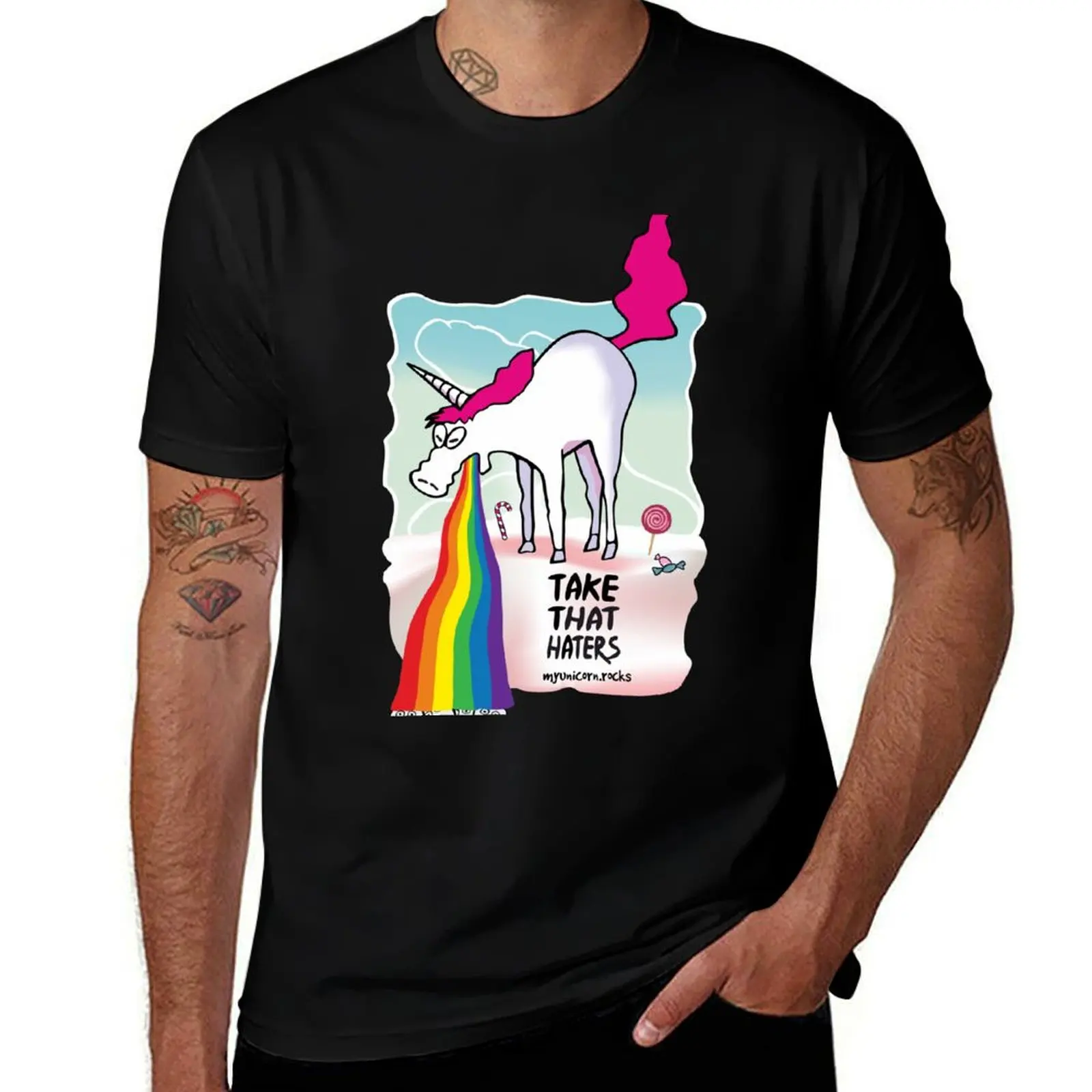Unicorn throwing up rainbow T-Shirt man t shirt luxury T-Shirt