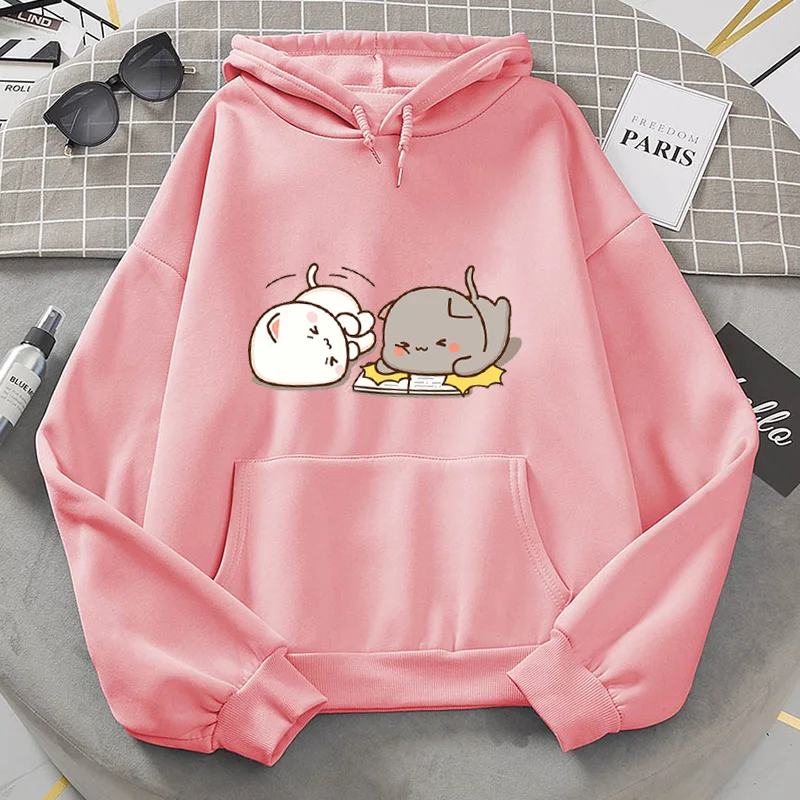 Novelty Design Couple Hoodies Kawaii Peach Cat Print Femme Hoodie Casual Winter Korean Style Camiseta Mujer Hoodie Wholesale