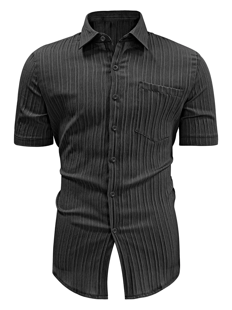 Herren Strukturiertes Kurzarmhemd Sommer Casual Button-Down-Hemd Locker Geschnittenes Atmungsaktives Oberteil mit Brusttasche für den Strandurlaub – Detail 16