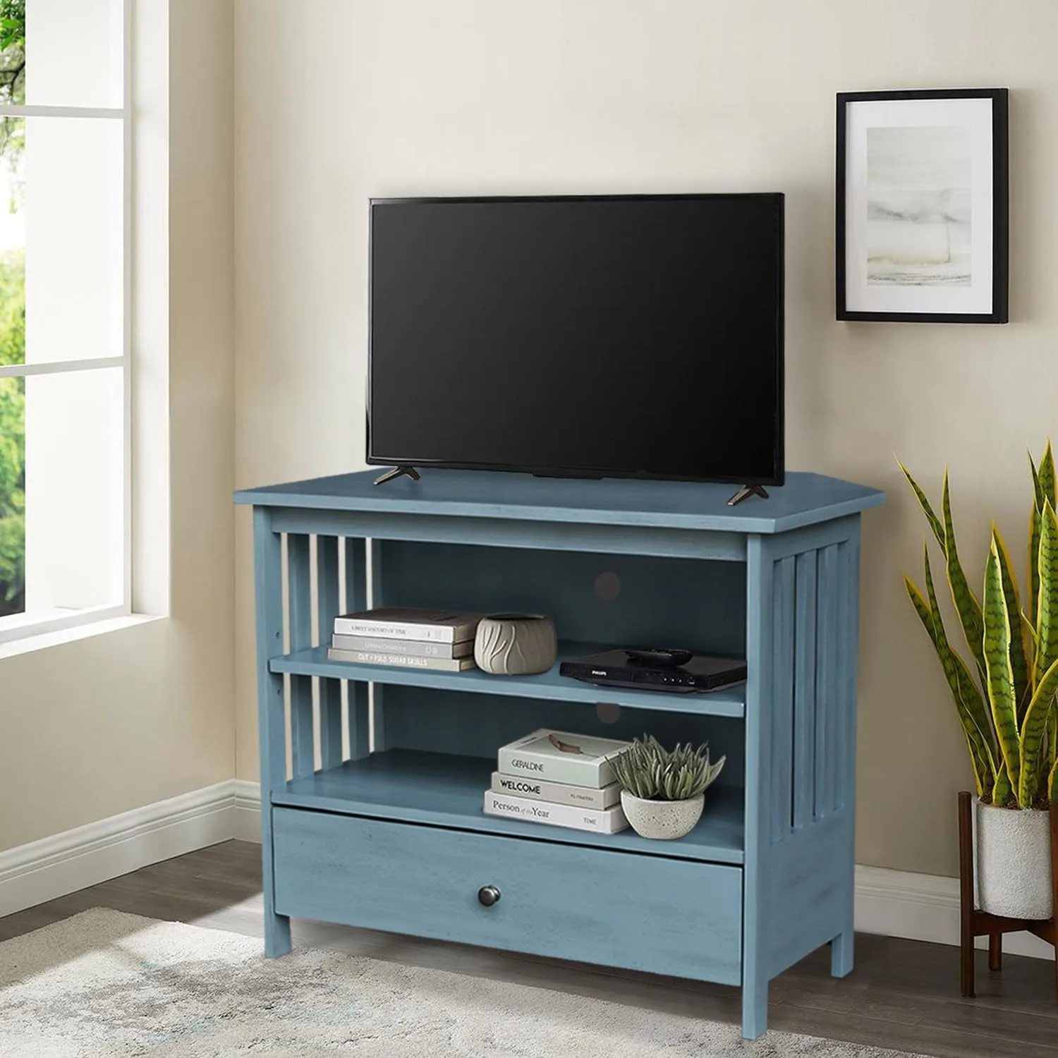 IC International Concepts Entertainment/TV Stand, Ocean Blue - Antique Rubbed