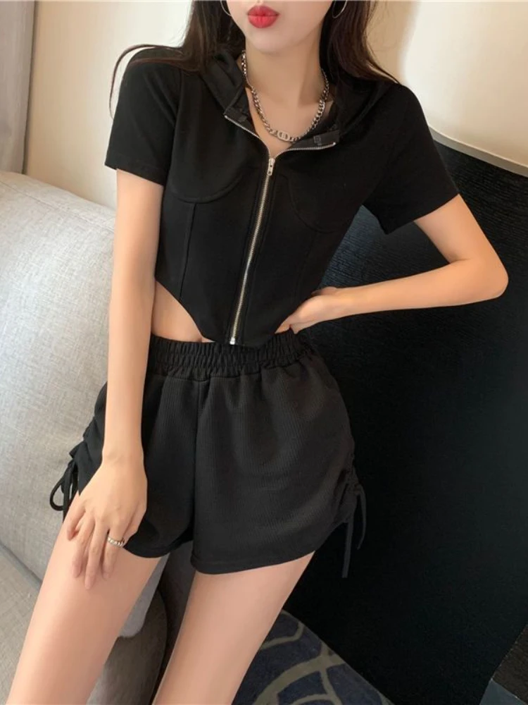 Short Sets Women Solid Lace-up Sporty Creativity Korean Style Young Fashion Simple All-match Trendy Casual Basics Summer Ladies