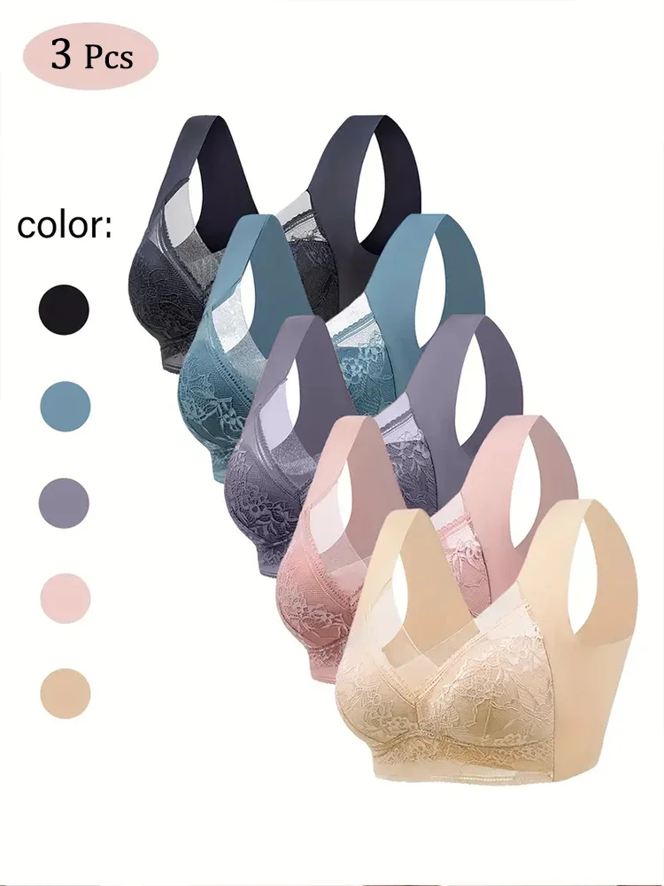 3Pcs Women Lace Bra Perspective Push Up Ice Silk Deep V Bralette Bra Sexy Lingerie Tops Plus Size Cup Mom\'s underwear L-5XL