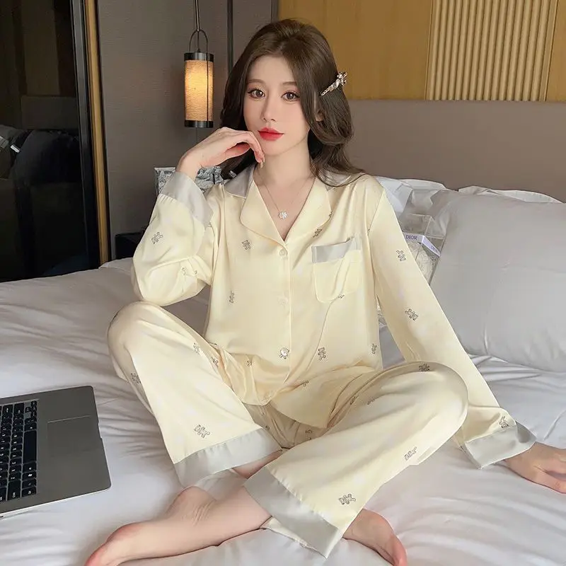 Women Clothes 2-Piece Set Ice Silk Pajamas Spring and Autumn Long-Sleevedloose Section Homewear Ladies Casual Floral Loungewear