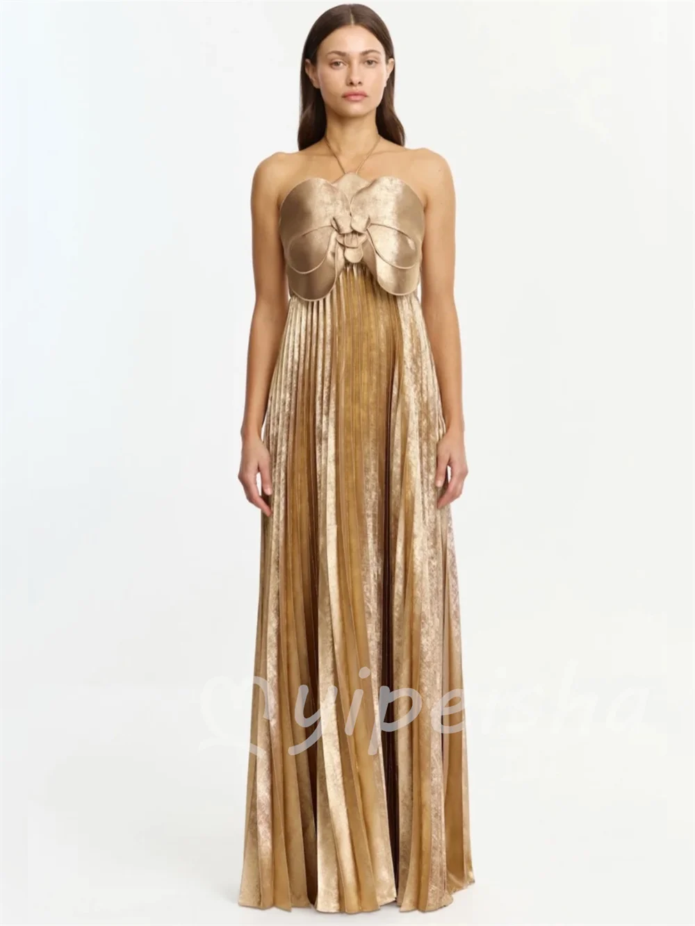 Gold Fashion Sexy Pleat Draped Ruched A-line Halter Floor-Length Evening Dresses For Birthday Party Evening Dresses Customized