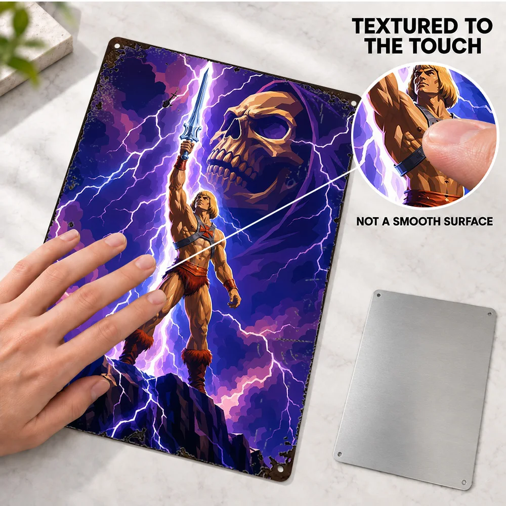 He-Man And Skeletor Lightning Illustration Textured Metal Poster Bold Design Studio Wall Art Customized Aluminum Sign Fan Gift